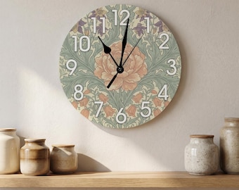 William Morris Wall Clock, Floral Botanical Clock, Vintage Style Housewarming Gift, Cottagecore Nursery Bedroom Decor