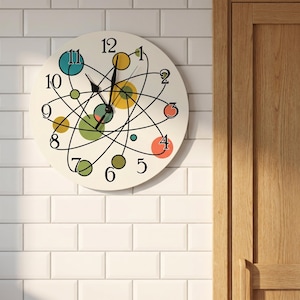 Può includere: Un orologio da parete rotondo con quadrante color bianco sporco e numeri neri da 1 a 12. Il design presenta linee orbitali nere che si intersecano e vari cerchi colorati nelle tonalità ottanio, giallo, verde e arancione. Ha due lancette nere.