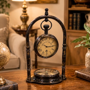 Brass Nautical Table Clock With Compass, Retro Desk Timepiece, Vintage Maritime Office Décor