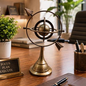 May include: A brass-colored armillary sphere sculpture featuring a central globe surrounded by rotating rings and an arrow-shaped pointer, mounted on a conical pedestal base. The object has a metallic finish and a complex, multi-ringed structure.