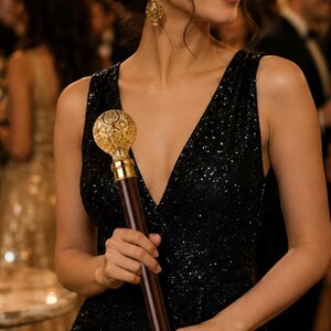 Può includere: Una donna in un abito nero con paillettes tiene in mano un bastone decorativo con la parte superiore dorata. Il bastone ha un fusto marrone scuro. Lo sfondo mostra un evento formale con altre persone in abito da sera.