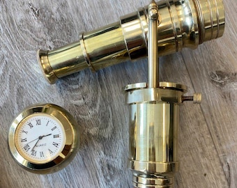 Personalized Brass Telescope Handle Walking Cane with Clock, Vintage Wooden Stick