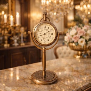May include: A vintage-style brass desk clock with a round face and Roman numerals. The clock features a stand with an ornate base and a handle at the top. The clock's face displays the numbers 1 through 12, with additional numbers around the center.