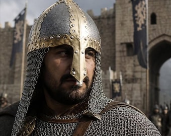 Handmade Medieval Armor Norman Viking Helmet W/Chain Mail With Wooden Stand