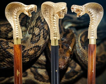 Personalized Gold Plated Cobra Handle, Vintage Walking Cane, 38 Inch Wooden Shaft Stick