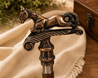 Personalized Handmade Folding Wooden Walking Stick, Antique Horse handle, 36" Vintage Style Cane