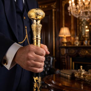 Könnte beinhalten: Ein Gehstock mit einem polierten, goldfarbenen Griff, der mit komplizierten Blumen- und Blattgravuren versehen ist. Der Schaft ist schwarz und mit einem dekorativen goldenen Blumenmuster verziert, das vertikal am Stock entlang verläuft.