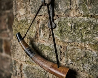 Handmade Viking Ox Horn Bugle, Engraved Norse Design, Natural Leather Strap