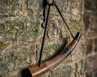 Handmade Viking Ox Horn Bugle, Engraved Norse Design, Natural Leather Strap, Animal Horn