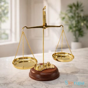 May include: A gold-coloured balance scale with two circular pans suspended by chains. The scale has a vertical support and a horizontal beam. The base is made of dark brown wood, and small weights are included.