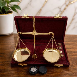 Könnte beinhalten: Eine Waage im Vintage-Stil mit goldfarbenen Waagschalen und Ketten, eingebettet in einem weinroten, samtgefütterten Etui. Das Set enthält kleine Gewichte und zwei schwarze Objekte. Im Hintergrund ist eine kleine Topfpflanze zu sehen.