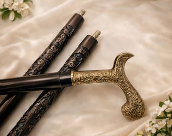 Vintage Brass Derby Handle Walking Cane | Carved Wooden Shaft, 36" Foldable Stick