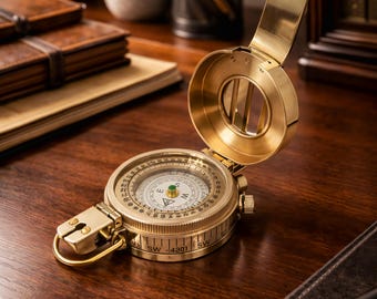 Puede incluir: Una brújula de latón vintage con tapa abierta, que revela una rosa de los vientos detallada. La brújula está sobre una superficie de madera oscura, con un cuaderno de cuero y un bolígrafo cerca. La brújula mide aproximadamente 7.6 cm de diámetro.