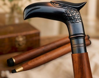 Personalized Eagle Head Walking Cane, Brass Handle Wooden Stick, Vintage Style 36" Cane