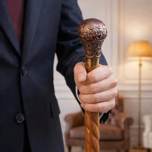 Puede incluir: Bastón de madera con un mango adornado de color bronce. El eje del bastón tiene un diseño retorcido. La persona que sostiene el bastón lleva un traje azul marino con una corbata burdeos.
