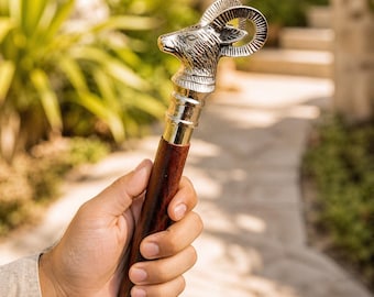Handmade Vintage Goat Head Walking Stick – Brass Handle Carved Solid Figure | Cane for Men