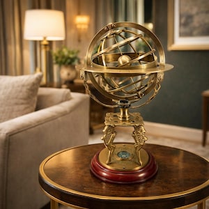 Puede incluir: Una detallada esfera armilar de latón, un modelo astronómico histórico, se encuentra sobre una mesa redonda de madera. La esfera presenta anillos intrincados y un globo central. La mesa tiene una superficie de madera oscura con ribete dorado y base roja.