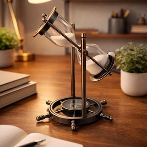 May include: An antique-style hourglass with a compass base. The glass bulbs hold white sand, supported by a bronze-colored metal frame. The base has a ship's wheel design. A desk lamp and notebook are also visible.