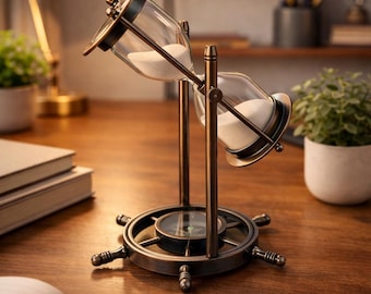 Vintage Brass Hourglass with Compass Base, Nautical Sand Timer Desk Decor