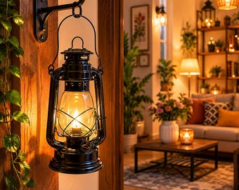 Vintage Table Lamp FLAT BLACK | 12" Rustic Farmhouse Hanging Décor | Electric Hurricane Lantern