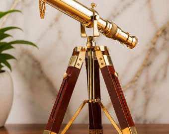 Personalized Vintage Brass Telescope, Wooden Tripod Stand, Decorative Nautical Spyglass, Home, Office Décor