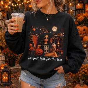 I'm Just Here For The Boos Sweatshirt, Funny Halloween Doll Crewneck, Retro Witch Graphic, Spooky Pumpkin Coffee Gift