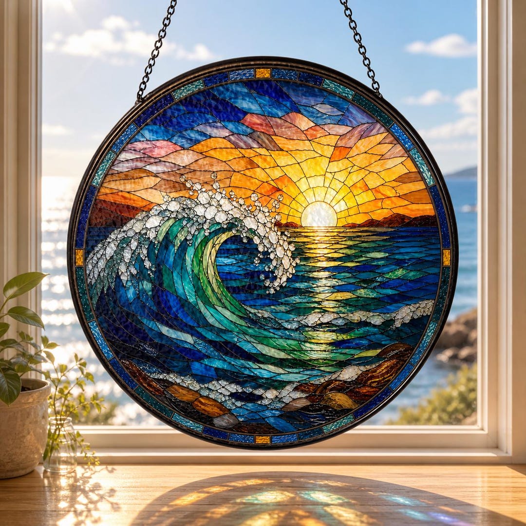 Ocean Wave Stained Glass Suncatcher, Sunset Beach Window Hanging ...
