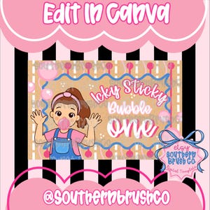 May include: A digital template featuring a cartoon character blowing a pink bubble, wearing a pink shirt and blue overalls. The text reads Icky Sticky Bubble one. The background has a tan pattern with pink and blue accents, framed by black and white stripes.