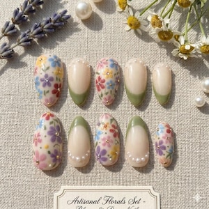 French Spring Garden Press On Nails: Hand-Painted Colorful Floral & Pearl French Tip Art