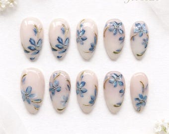 Handmade Blue Floral Press On Nails: Gold Outline Spring Bridal Set