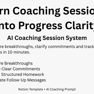 Può includere: Grafica bianca con testo nero che promuove un sistema di sessioni di coaching AI. Il testo recita "Trasforma le sessioni di coaching in chiarezza di progresso". Il testo aggiuntivo include "Cattura i progressi", "Definisci impegni chiari".
