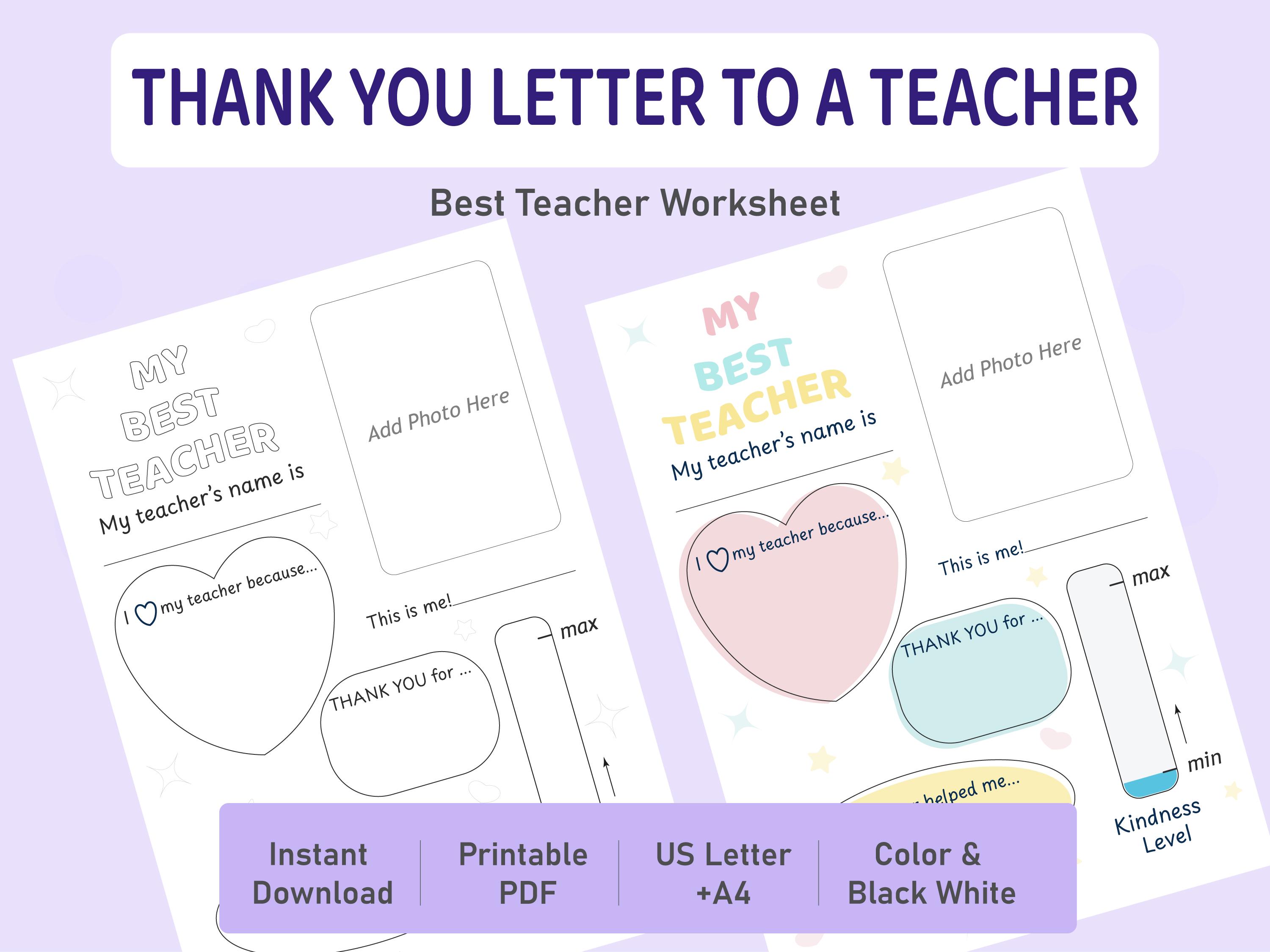 Teacher Appreciation Printable, Thank You Letter Worksheet, End of Year ...