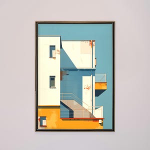 Può includere: Stampa artistica incorniciata raffigurante un edificio moderno con facciata bianca, pareti blu e accenti gialli. L'opera d'arte include una scala, balconi e un cielo blu chiaro sullo sfondo. La stampa è esposta su una parete bianca.