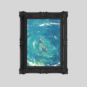 May include: A framed art print featuring a watercolor painting of two small boats on a swirling turquoise ocean. The boats are occupied by people, and the artwork is set within a black ornate frame.