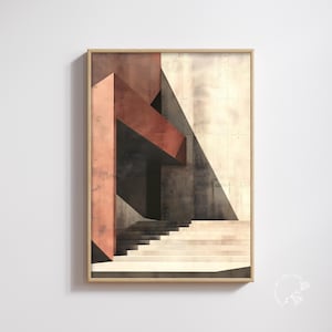 May include: Framed architectural print featuring a modern concrete structure with geometric shapes in shades of red-brown and beige. A staircase leads upwards, with shadows creating depth. The artwork is encased in a light wood frame.