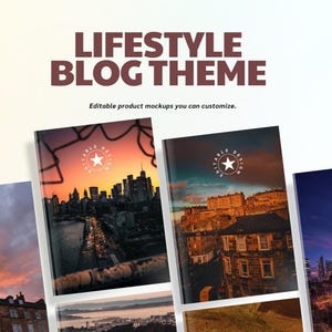 Op de afbeelding: De afbeelding toont een lifestyle blog thema met bewerkbare product mockups. Er worden verschillende boeken getoond, elk met een stadsgezicht op de omslag. De tekst "LIFESTYLE BLOG THEME" is in donkerbruin, met de slogan "Editable product mockups you can customize."
