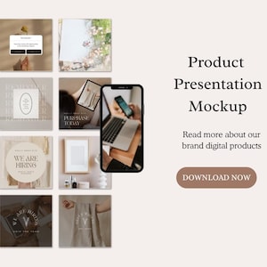 May include: A product presentation mockup with a grid of images, including a laptop, tablet, and phone. Text on the image includes "NEW PRODUCT", "REMINDER", "WE ARE HIRING", and "PURCHASE TODAY". The image also includes the text "Product Presentation Mockup" and "DOWNLOAD NOW".