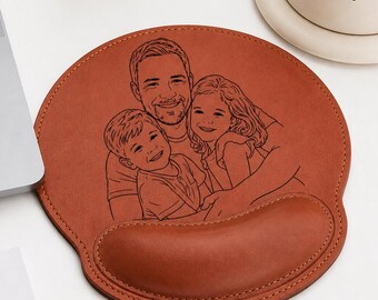 Tapis de souris en cuir personnalisé, dessin au trait photo personnalisé, cadeau de fête des pères pour papa, tapis de souris pour mari, cadeau de fête des pères