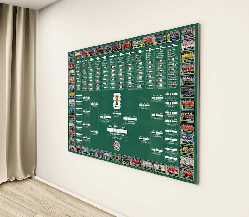 May include: A large, rectangular green poster displaying a FIFA World Cup tournament bracket. The poster features team photos, match schedules, and the FIFA logo. It is mounted on a white wall, with a beige curtain and wooden floor visible.