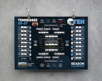 Tennessee Football Kalender 26-27, printbare wandkaart, wedstrijdschema, Tennessee Football Bracket, Tennessee plannerposter