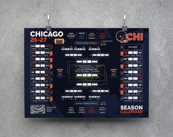 Chicago Football Kalender 26-27, printbare wandkaart, wedstrijdschema, Chicago Football Bracket, Chicago Planner Poster