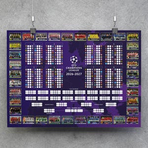 Puede incluir: Un póster de pared morado del torneo UEFA Champions League 2026-2027. El diseño presenta un mapa central de Europa, logotipos de equipos y un sistema de cuadro estructurado para seguir los resultados de los partidos desde la fase de grupos hasta la final.