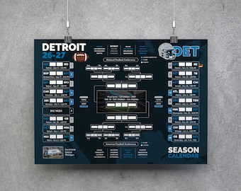 Detroit Football Kalender 26-27, printbare wandkaart, wedstrijdschema, Detroit Football Bracket, Detroit Planner Poster
