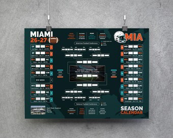 Miami Football Kalender 26-27, printbare wandkaart, wedstrijdschema, Miami Football Bracket, Miami plannerposter