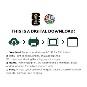 May include: Digital download graphic with FIFA logo, a soccer ball, and instructions. The text reads "THIS IS A DIGITAL DOWNLOAD!" with steps for downloading, printing, framing, and hanging. Recommended print size is 46.8 x 33.1 inches.