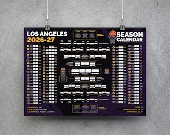 Kalender Los Angeles 26-27, printbare wandkaart, basketbalwedstrijdenschema, basketbalbracket Los Angeles, plannerposter Los Angeles