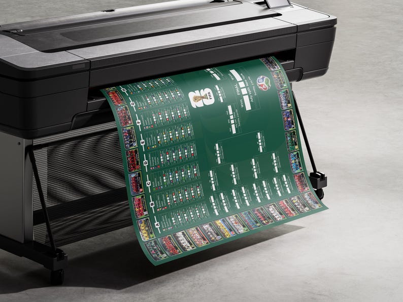 May include: A large-format printer printing a green poster with a soccer tournament bracket. The poster features team logos and match details. The printer is black and gray, and the poster is emerging from the machine.