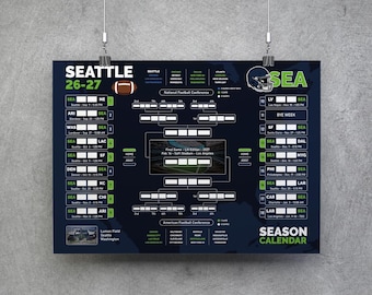 Seattle Football Kalender 26-27, printbare wandkaart, wedstrijdschema, Seattle Football Bracket, Seattle plannerposter