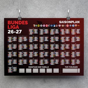 Bundesliga 26-27 kalender, utskrivbar väggkarta, fotbollsspelschema, fotbollsschema, matcher för hela säsongen, Bundesliga-planerare