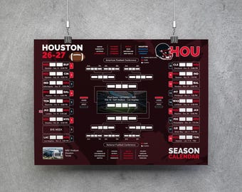 Houston Football Kalender 26-27, printbare wandkaart, wedstrijdschema, Houston Football Bracket, Houston Planner Poster